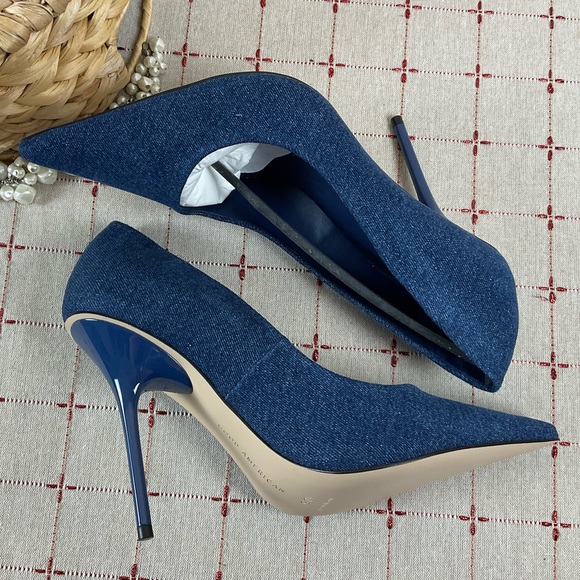 GOOD AMERICAN “Emma” Denim Heel Ultra High Blue Denim Stilettos Sz 10.5 New - Picture 8 of 9